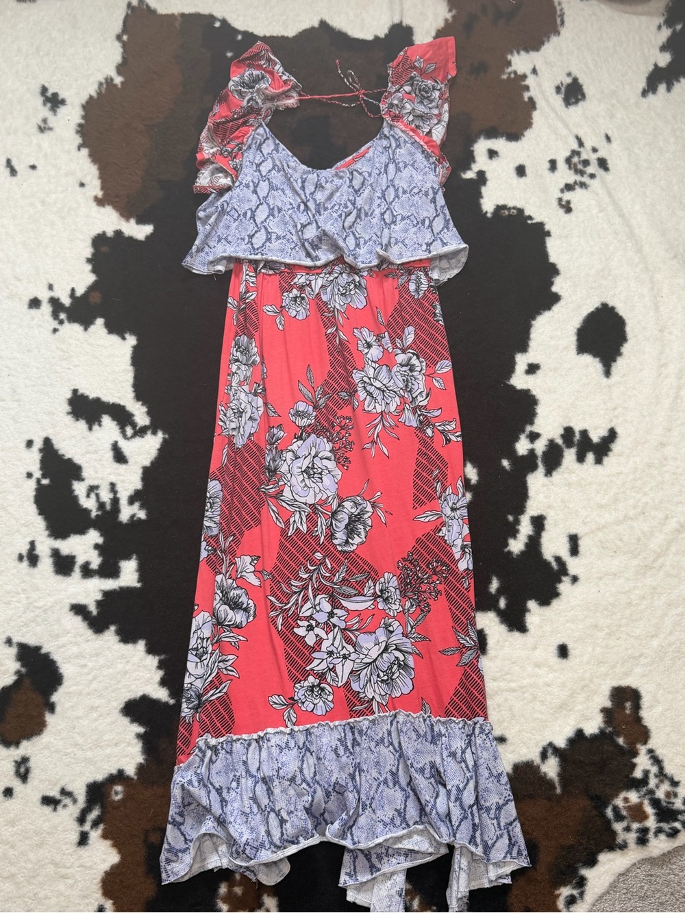 Daily Practice Coral Floral Snake Print Ruffle Maxi Dress Women’s Large Boho - Picture 8 of 8
